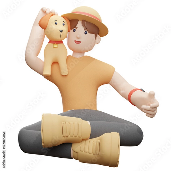 Fototapeta A young man sits and plays with a dog on his shoulder, isolated on a white background  - 3D render