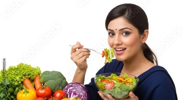 Fototapeta Woman eating salad with fork and bowl in hand surrounded by fresh vegetables on white background