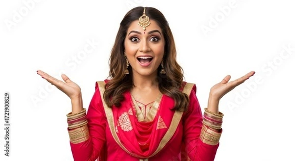 Fototapeta Woman in red salwar kameez with surprised expression and hands up on a white background studio shot