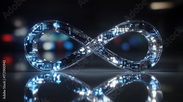 Fototapeta a glowing infinity symbol constructed from circuit boards and illuminated with bright white lights is reflected on a dark glossy surface against a blurred background.