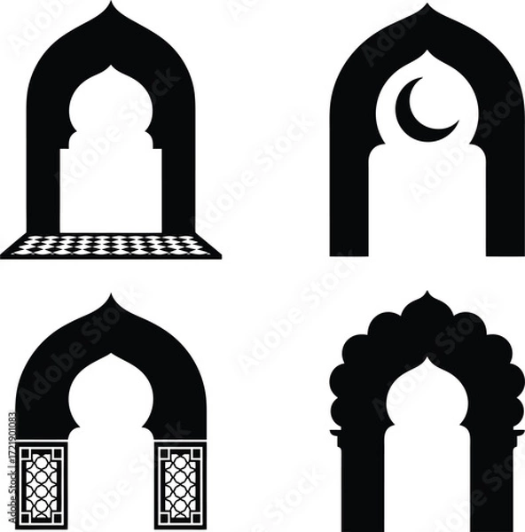 Obraz Collection of four distinct islamic archway silhouettes with decorative elements and cultural symbols silhouette