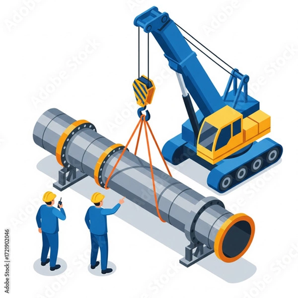 Fototapeta Isometric Vector Illustration of Engineers Supervising Pipeline Installation with Heavy Duty Crawler Crane – Industrial Construction and Engineering Concept