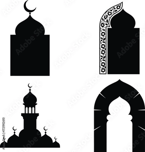 Obraz Collection of islamic architectural elements including domes minarets and arched doorways in a black silhouette