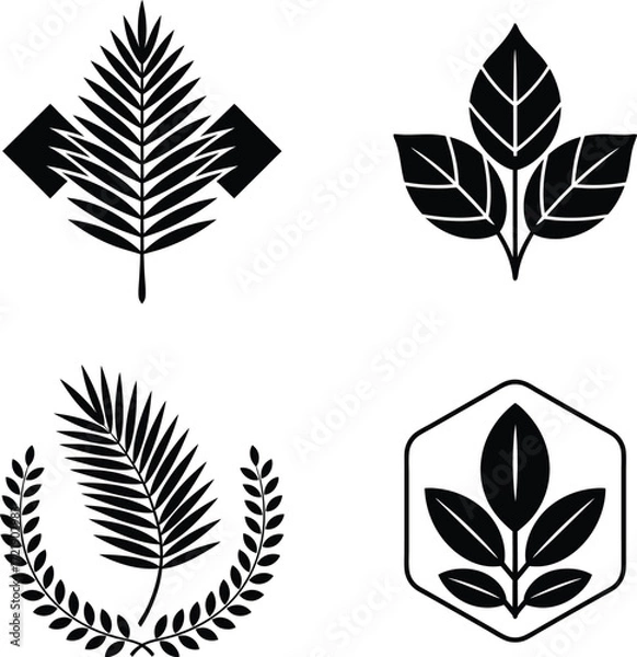 Obraz Collection of four distinct botanical leaf emblems in a minimalist silhouette style