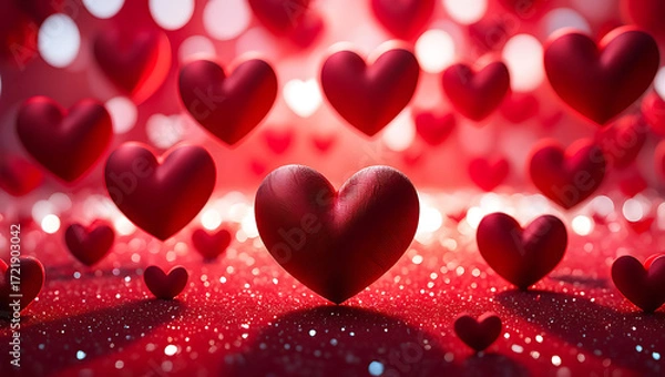 Fototapeta Romantic Valentines Day Background with Red Hearts and Sparkling Lights Symbolizing Love and Affection in a Dreamy Composition for Special Occasions