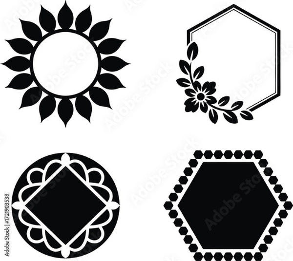 Obraz Collection of four decorative black and white graphic elements including a sunburst a hexagonal frame with leaves a circular frame with a diamond and a beaded hexagonal frame silhouette