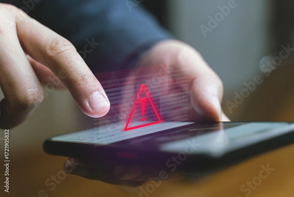 Fototapeta Interacts with a smartphone, triggering a red digital warning triangle, suggesting a system error or security breach.