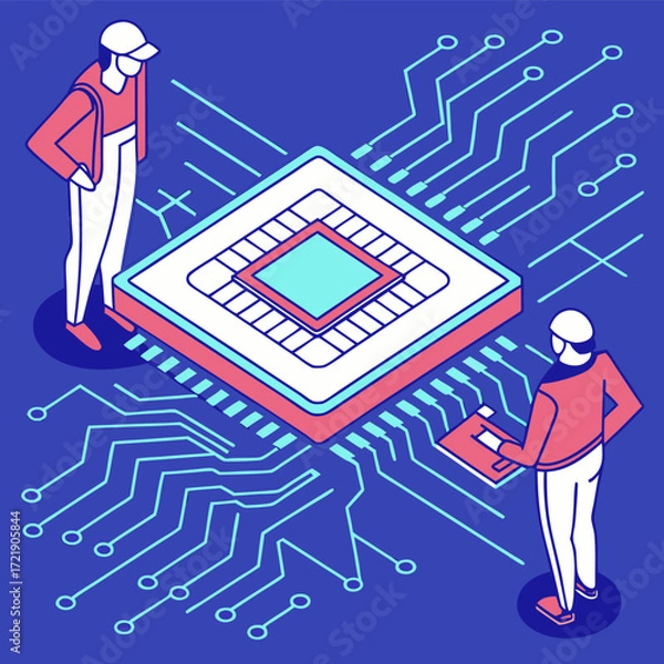 Fototapeta A man stands at the center of a complex electronic circuit board labyrinth, a conceptual illustration of a digital puzzle