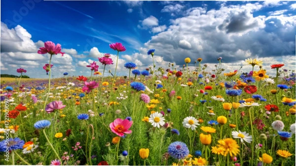 Fototapeta Vibrant wildflowers bloom in a colorful field under a cloudy sky