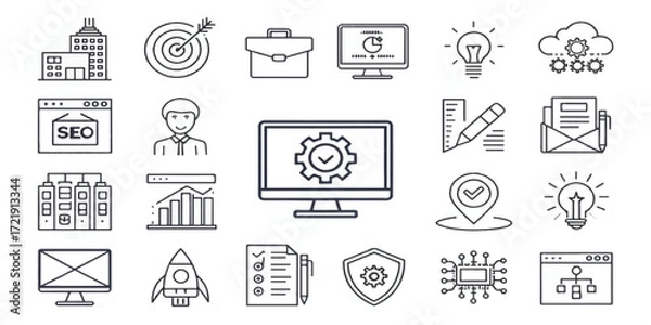 Fototapeta Line art business and technology icons set with computer, SEO, rocket, graph, light bulb, office, shield, and digital elements. Modern outline symbols for web, apps, marketing, and infographics.
