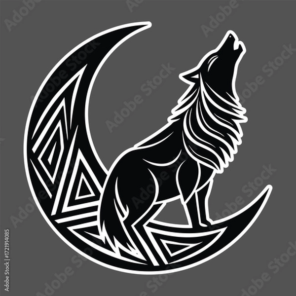 Fototapeta Wolf howling at crescent moon with tribal patterns vector