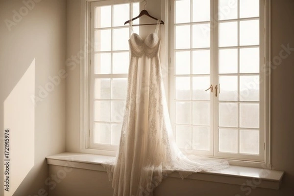 Obraz Elegantes Hochzeitskleid an einem Fenster, sanft in einem romantischen Ambiente gehangen