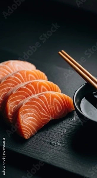 Fototapeta Fresh Salmon Slices Ready for Sashimi With Chopsticks