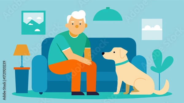 Fototapeta A therapy dog visiting the shared living space providing comfort companionship and mental stimulation for the elderly residents.. Vector illustration
