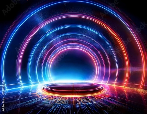 Fototapeta An abstract technology backdrop for a digital innovation podium including rings of shimmering neon lights
