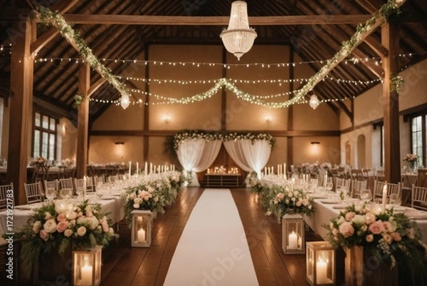 Obraz Eleganter Hochzeitssaal mit floralen Arrangements und romantischer Beleuchtung – ideal für eine unvergessliche Zeremonie
