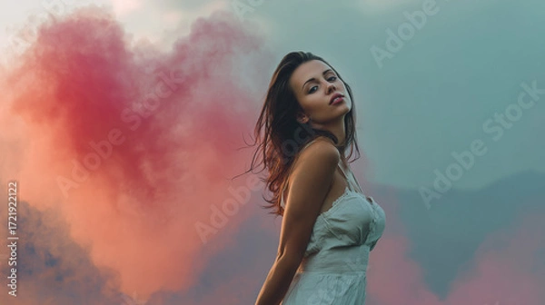 Fototapeta A beautiful girl stands beside a heart-shaped cloud while the sun’s rays cast a gentle shadow across her face.