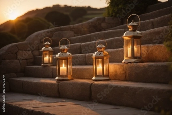Obraz Romantische Beleuchtung von Laternen auf einer Treppe im warmen Sonnenlicht – perfekte Atmosphäre für Events und Feiern