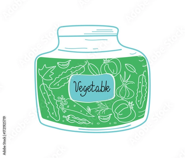 Obraz A set of vegetables in a glass jar. Canned vegetables. Line art. Food and drink. Harvest, agriculture. Label with inscription. Vector illustration, isolated background.