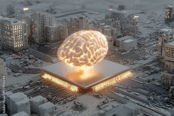 Obraz Glowing Brain on Circuit Board: Futuristic Cityscape, AI Concept, Warm Tone, 3D Render