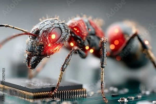 Obraz Cybernetic Ant Inspecting Microchip: Futuristic, High-Detail 3D Render, Dark Sci-Fi Mood.