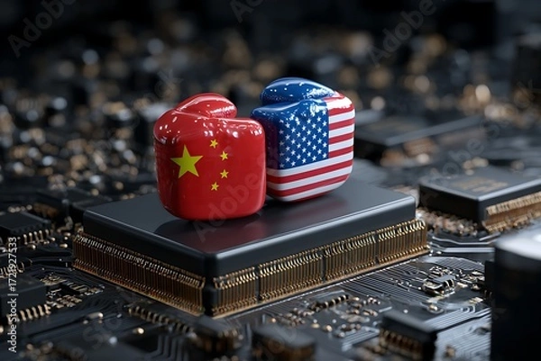 Obraz US-China Tech Rivalry: Boxing Gloves on Microchip, 3D Render, Dark Moody Concept