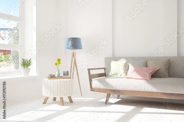 Obraz Idea of white minimalist room with sofa. Scandinavian interior design. 3D illustration
