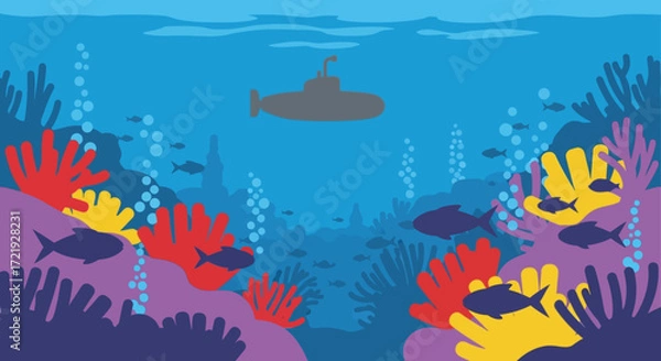 Fototapeta Underwater Adventure A Submarine Explores a Colorful Coral Reef in a Deep Ocean Environment