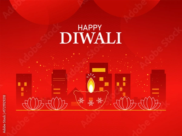 Fototapeta Happy Diwali Indian festival of lights. Vector illustration of cityscape or landscape background with Lanterns and firecrackers for celebration.