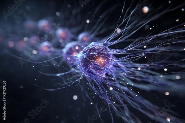 Obraz Abstract Neural Network: Glowing Purple Cell with Energetic Filaments, Dark Background