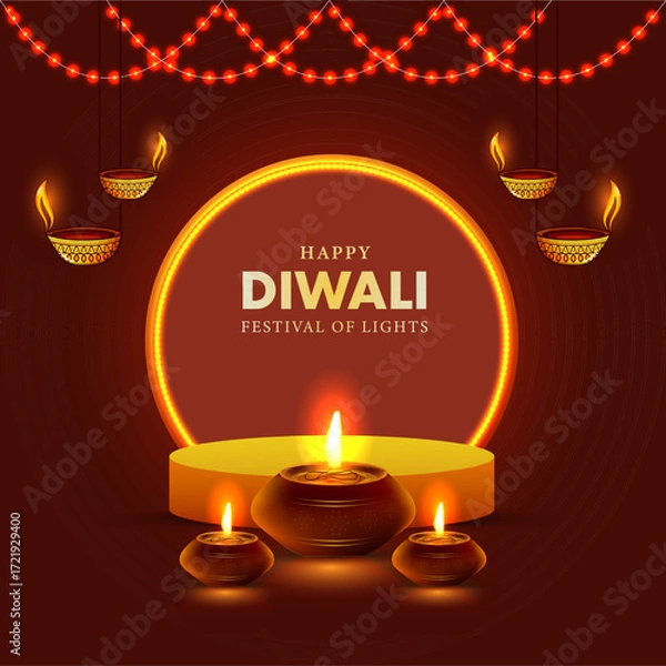 Fototapeta Happy Diwali Indian festival of lights banner, poster or web header design 3d Pedestal podium  Vector Illustration.