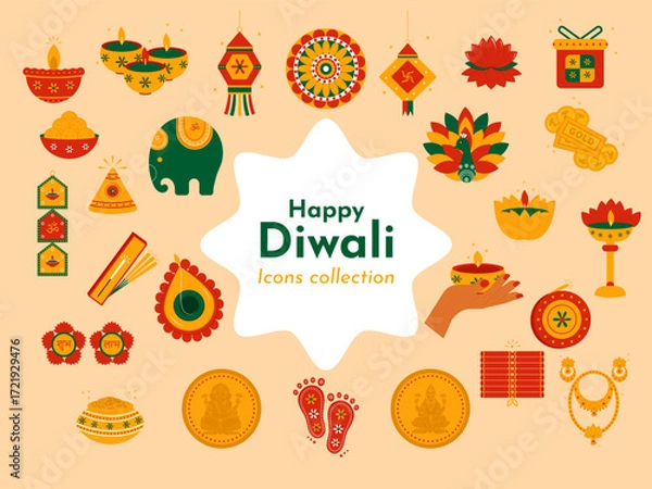 Fototapeta Happy Diwali Flat Set of twenty five vibrant beautiful colorful creative Icons. Vector Illustration.