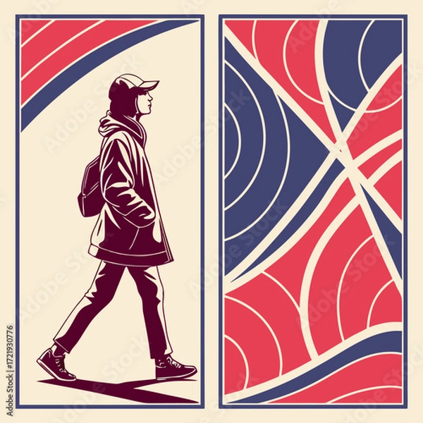 Fototapeta A person walking with a retro background and a modern aesthetic