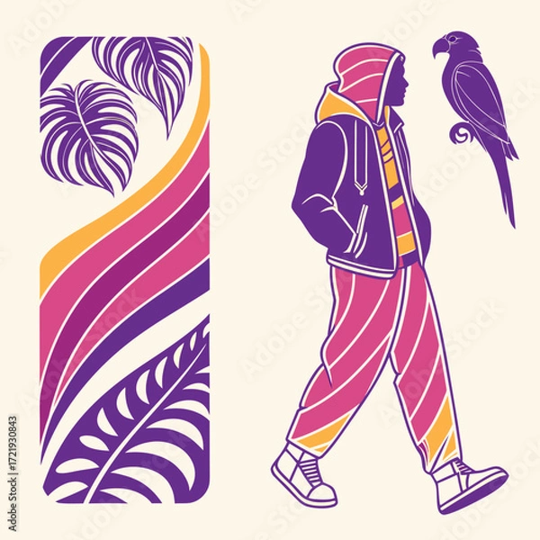 Fototapeta Man with parrot illustration with tropical leaf design element