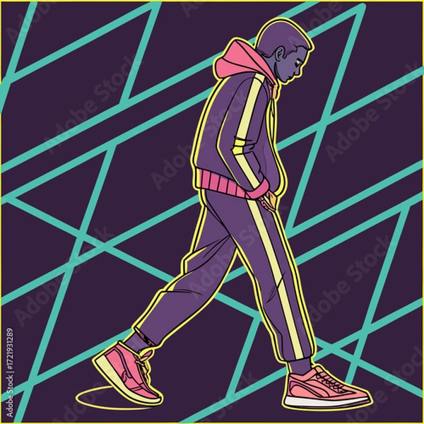 Fototapeta Man in tracksuit walking with retro background and neon lines art