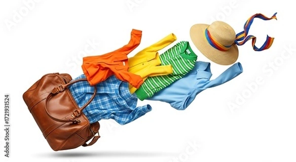 Fototapeta Colorful summer clothes and straw hat floating against white background