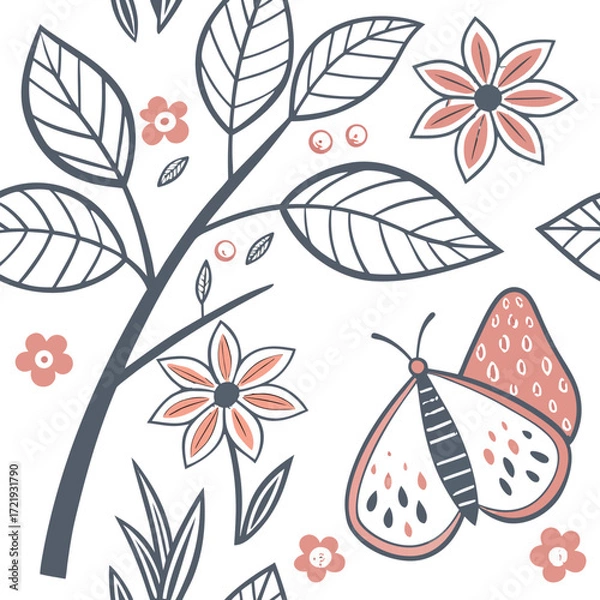 Fototapeta Seamless pattern with butterfly, flowers, leaves