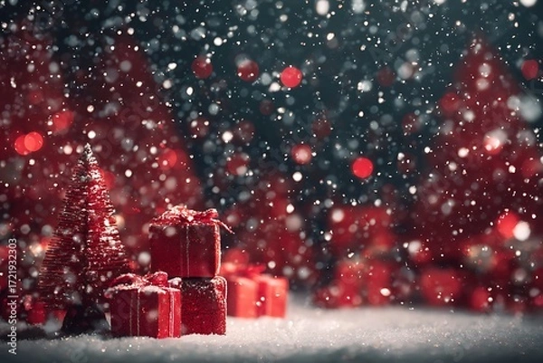 Obraz Red Christmas Gifts and Tree in Snowy Winter Scene; Festive Holiday Background