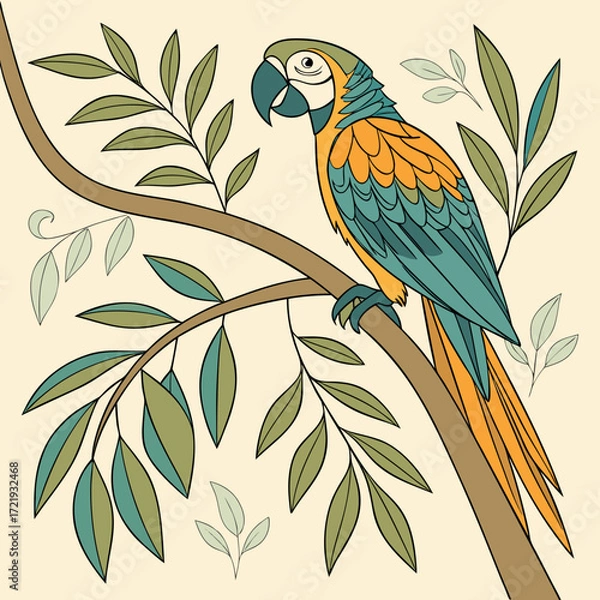 Fototapeta A blue and gold macaw perched on a branch with leaves around it