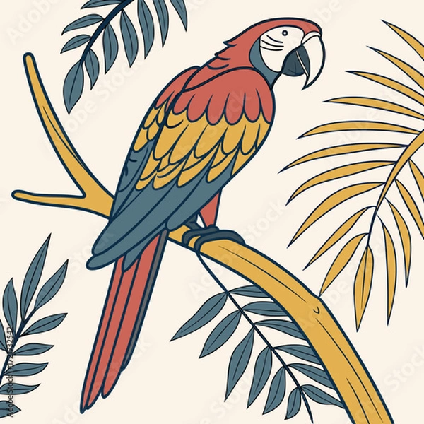 Fototapeta A scarlet macaw perched on a branch with leaves around it