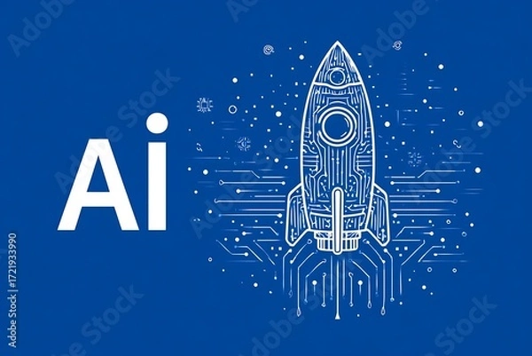 Obraz AI Startup: Circuit Board Rocket Launching on Blue Background; Futuristic Technology Concept
