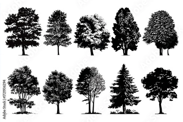 Fototapeta Twelve black silhouettes of various trees on white background nature illustration tree shapes foliage plants