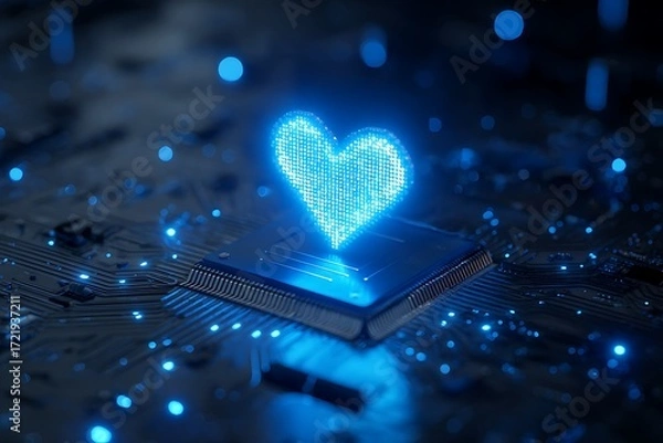Obraz Glowing blue digital heart symbol illuminates a futuristic circuit board with bokeh lights