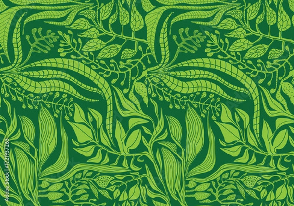 Fototapeta A vibrant green foliage pattern featuring intricate leaves and snake-like designs, creating a rich, organic texture.

