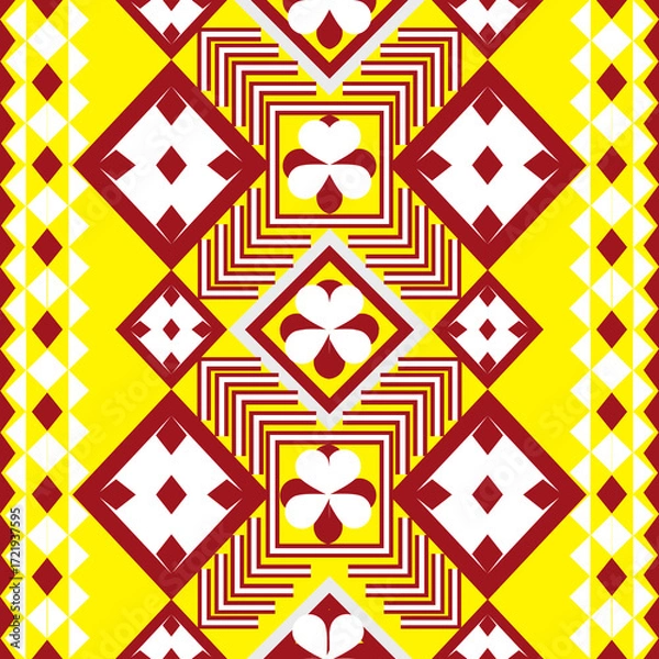 Fototapeta seamless geometric pattern
Bold geometric textile pattern featuring symmetrical red diamonds with white floral centers, surrounded by striped squares and yellow backgrounds. The design includes zigzag