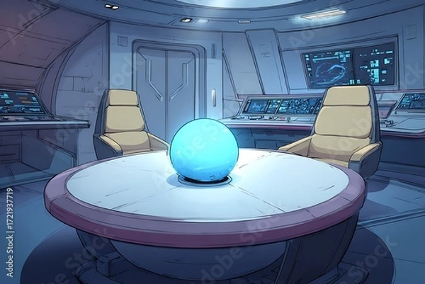 Obraz Futuristic glowing blue egg artifact on a circular table in a science fiction spaceship bridge interior