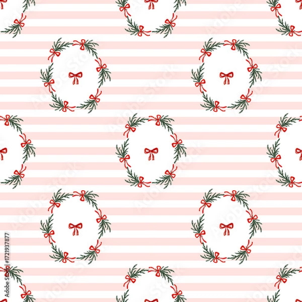 Fototapeta Seamless Christmas wreath pattern with red bows and pink striped girly background.