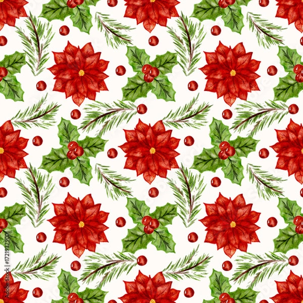 Fototapeta Seamless Christmas pattern with poinsettia holly berries and pine branches, festive background.