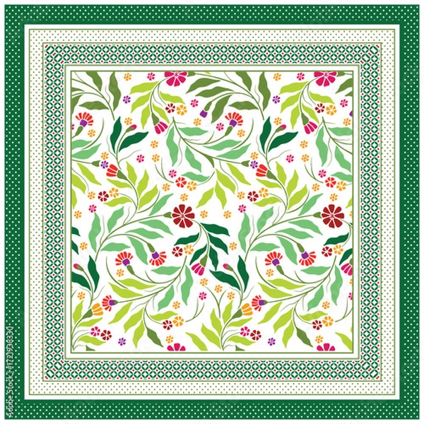 Fototapeta A vibrant square bandanna floral pattern featuring green leaves and colorful flowers, framed by decorative borders in shades of green and white.