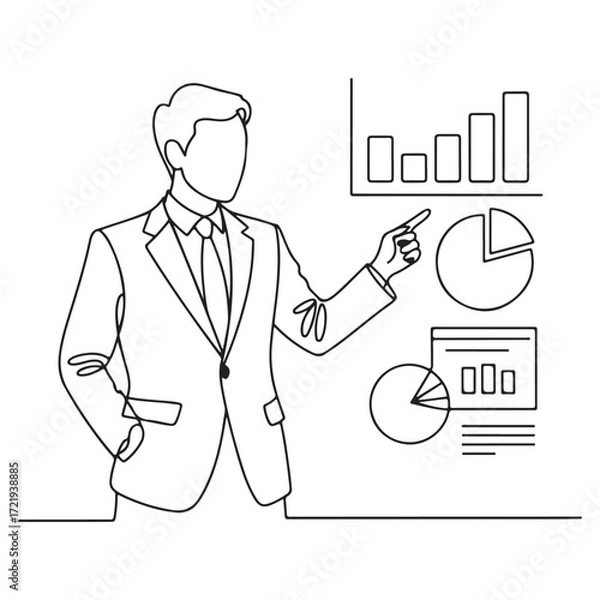 Fototapeta Line Drawing of Businessman Presenting Charts and Graphs – Corporate Analytics and Growth Concept